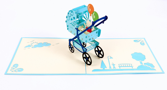 Kartu Ucapan Pop Up Baby Pram 3D Dengan Amplop Putih Pencetakan Offset Warna CMYK